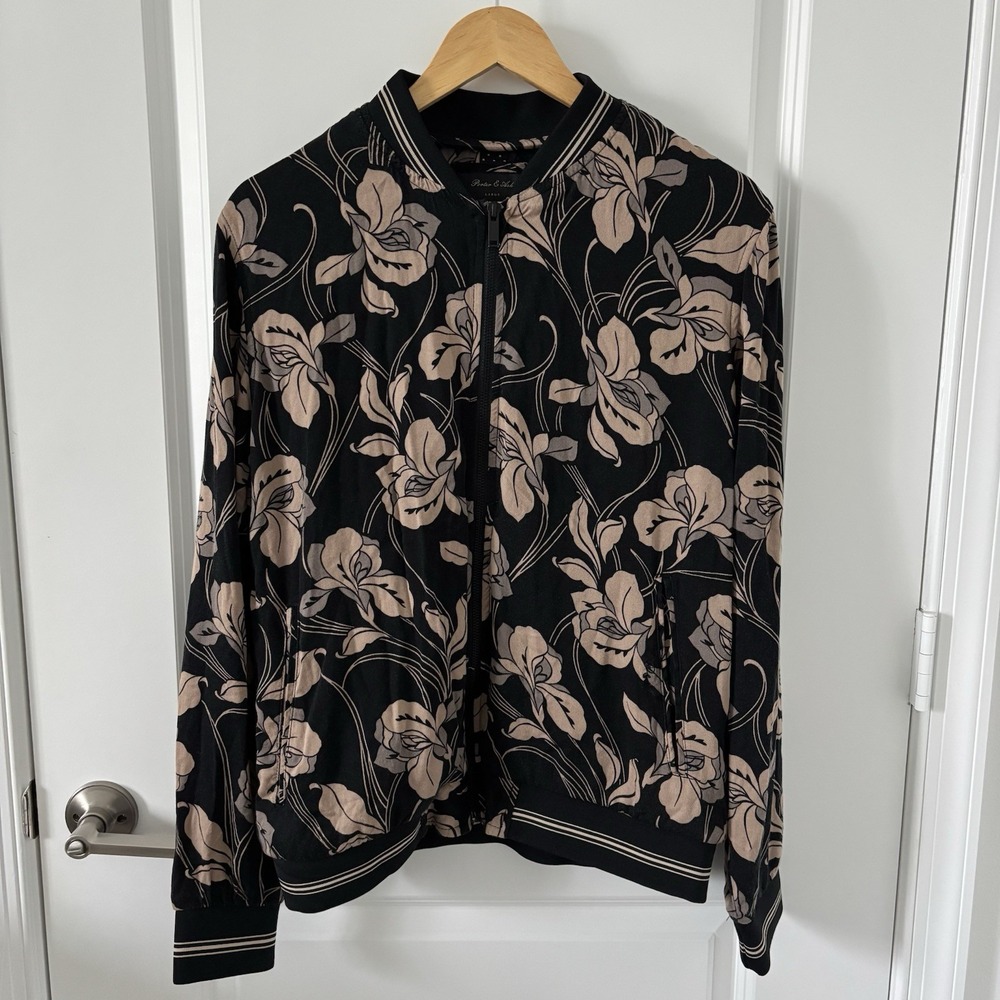 Porter & Ash Black and Tan Floral Lightweight Bomber Jacket Size L
